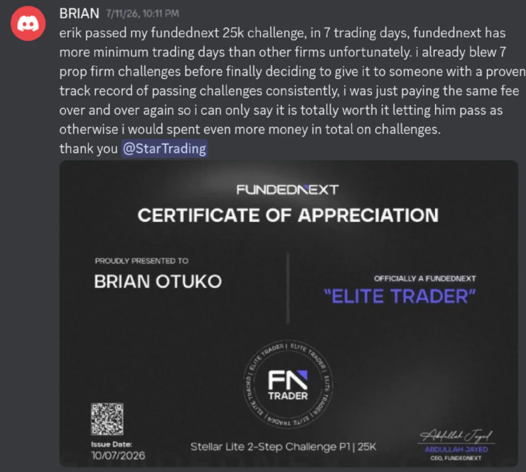 Discord message from Brian Otuko about having their prop firm challenge passed