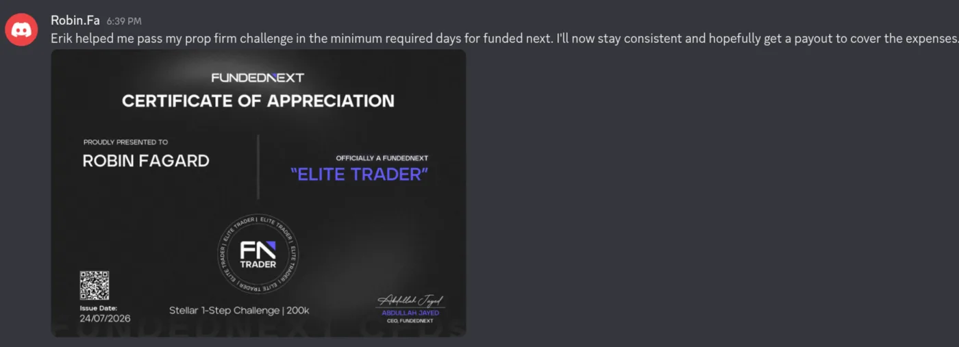 Discord message from Robin Fagard about having their prop firm challenge passed
