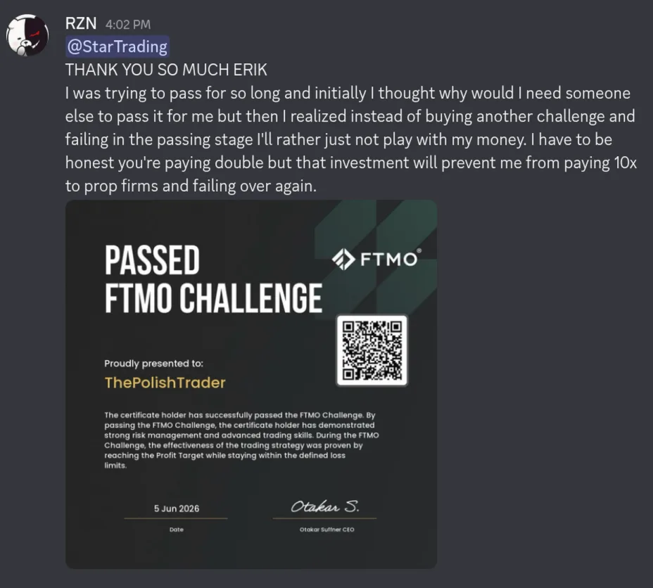 Discord message from ThePolishTrader about having their prop firm challenge passed