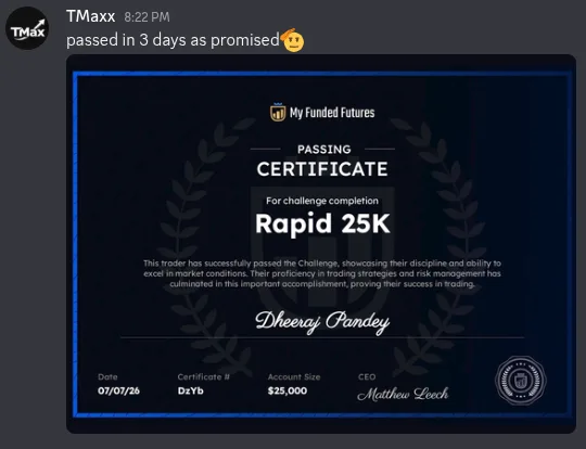 Discord message from Dheeraj Pandey about having their prop firm challenge passed