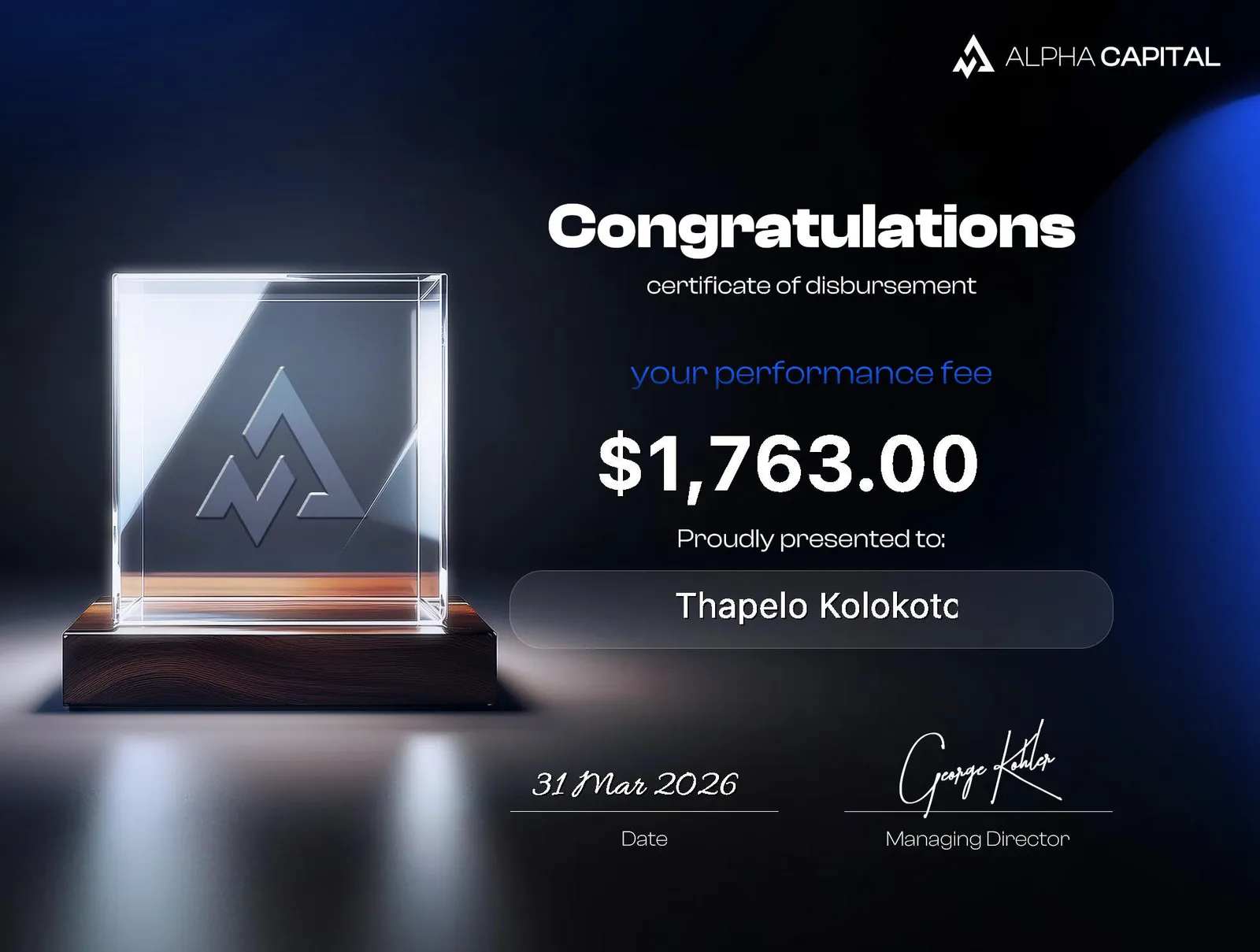 StarTrading member funded account and payout result